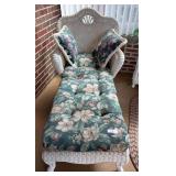 Pair of wicker chaise lounges with cushions and pillows 55" L