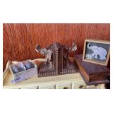 Elephant salt and peppers, books ends, wooden box