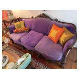 Antique 3 cushion, carved wood frame sofa 80" & pillows