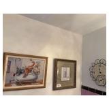 2 framed prints, clock