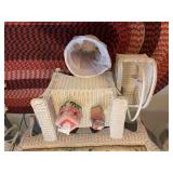 White wicker magazine basket , waste paper basket , & stool with Kleenex box and candle
