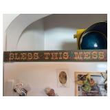 Bless This Mess wood sign, magnets on refrigerator