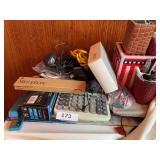 Apple microphone, adding machine, hole punch, office supplies