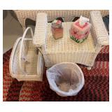 White wicker magazine basket , waste paper basket , & stool with Kleenex box and candle