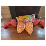 3 butterfly pillows, needlework, brass pot