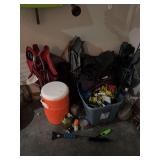 Fishing rod, igloo water color, bag chairs, yard chemicals