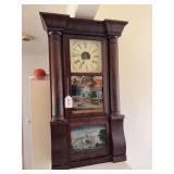 8 day antique clock with Hotel Saratoga & Barnum Villa reverse painting on glass