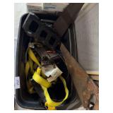 Hand saw, plastic mite box, straps, misc
