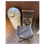 Window fan, folding stool, trash can