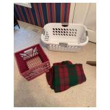 Plastic laundry basket, plastic milk crate, blanket