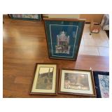 Signed and numbered religious framed pictures, 2 framed photographs of cemeteries