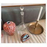Glass wine decanter, vase marked Hong Kong, brass candle holder, coasters