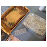 Wooden tray, wood and glass tray, 3 plastic trays, plastic oval bowl, 2 glass serving pieces, plastic butter dish