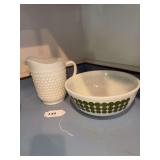 White milk glass hobnail pitcher, Pyrex 404 mixing bowl, green dot