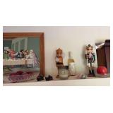 3 nut crackers, candles, mini marble checker board, plastic dish, glass nappy