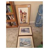 Pair of winter scene pictures (20” x 17”, architectural photo (19” x 32”)