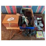 Binoculars, shoe stretchers, cigar boxes, misc