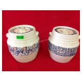 Pair of 8" Jars w/ lids- Blue & Brown Spongeware