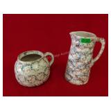 2 Brown & Blue Spongeware Pitchers