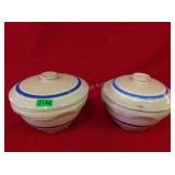 Pair of Blue & White Striped Bowls w/ lids