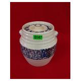 Brown & Blue Stoneware Pottery Jar w/ lid