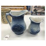 Set of 2 Blue and White Stoneware Pitchers