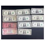 (9) Green Seal One Dollar Bills, (1) Five Dollar