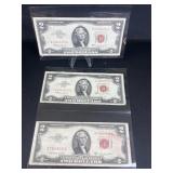 (3) Two Dollar Red Seal US Notes
