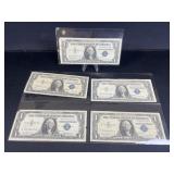 (5) One Dollar Blue Seal Silver Certificates