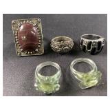 5 Rings- 2 with stones , 2 plastic
