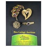 4 Gold tone Brooches / Pendants
