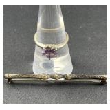 Sterling Silver ring with purple stone & bar pin