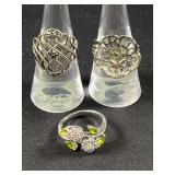3 Sterling Silver Rings-pink, green & white stones