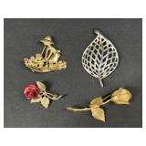 Vintage Brooch Lot w/ Rose & Leaf Designs