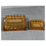 2 Amber Glass Coin Motif Ashtrays