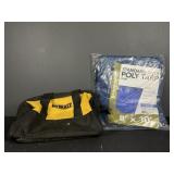 DeWalt tool bag and blue poly tarp