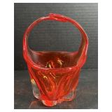Vintage Red Art Glass Basket Vase