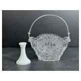 Pressed Glass Bird Basket & Milk Glass Bud Vase