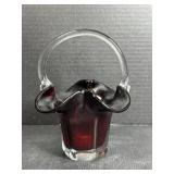 Deep Ruby Red Art Glass Basket with Clear Handle