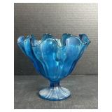 Blue Art Glass Ruffled Compote Bowl