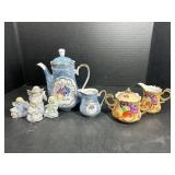 Porcelain Tea Pot, Creamer & Angel Figurines