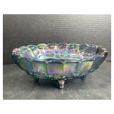 12" Blue Carnival Glass Footed Bowl