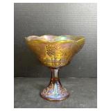 8.5ï¿½ Marigold Carnival Glass Grape Compote