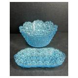 Blue Daisy & Button Pressed Glass Bowl & Tray