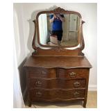 Antique Oak Serpentine Front Dresser w Mirror