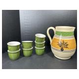 6 Green Ceramic Cups & Decorative Pitcher