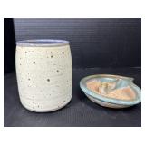 Signed Studio Pottery Crock & Candle Holder