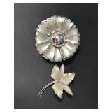 2 Silver Tone Floral Brooches