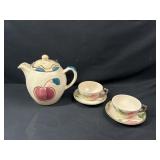 Stoneware Tea Pot and Floral Design Tea Cups