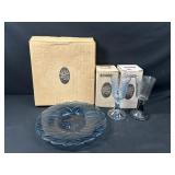 Tiara Blue Glass Plate and Cups